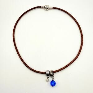 Signed 925 Ale Pandora Braided Leather Chocker Charm Necklace Pearl Blue Crystal